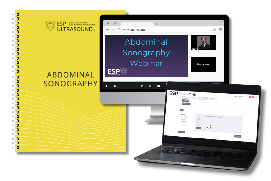 ESP Abdominal Sonography Review Registration - Includes Webinar Access, Workbook, and X-ZONE ESP's abdominal sonography webinar registration includes webinar access, a workbook, and access to our X-ZONE, providing a comprehensive ESP abdominal sonography review.